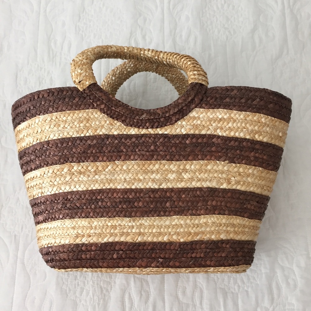 Straw Tan and Brown Beach Basket Tote Purse